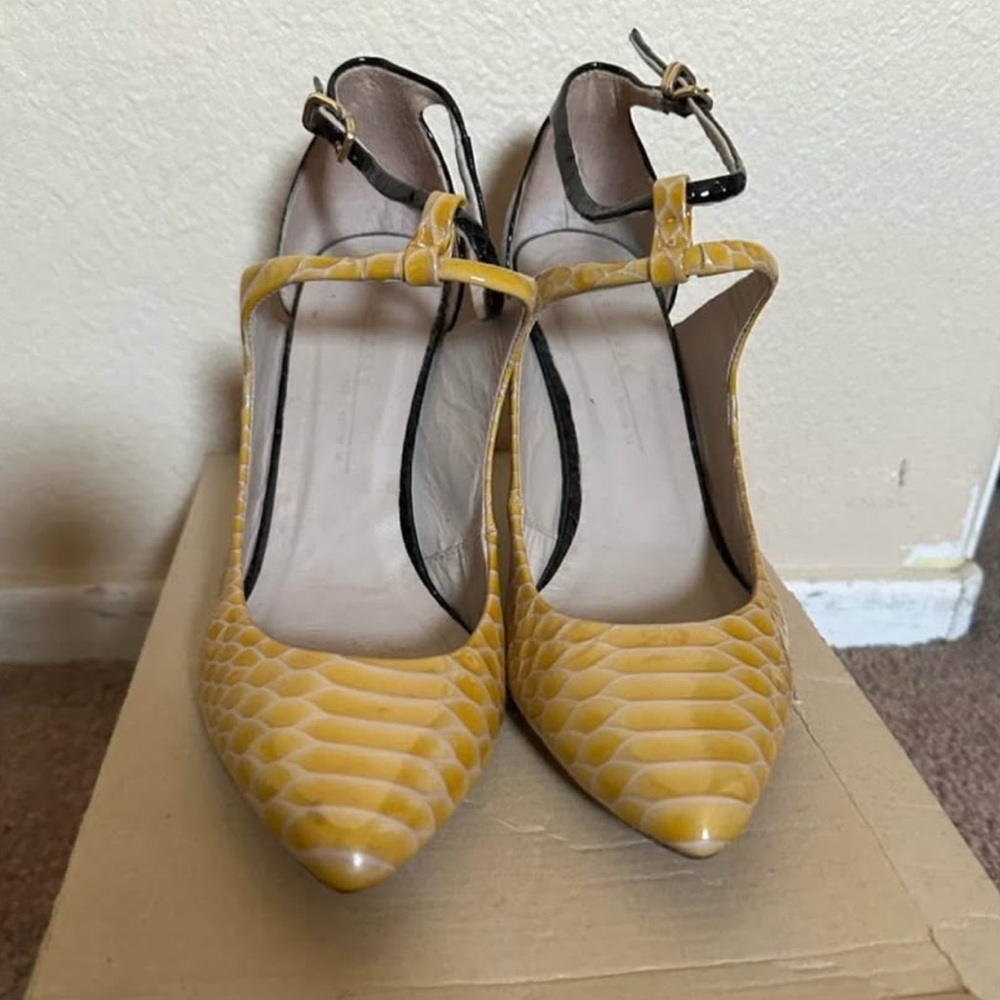 Zara Yellow Snakeskin Patterned Women's T-Strap Heels
